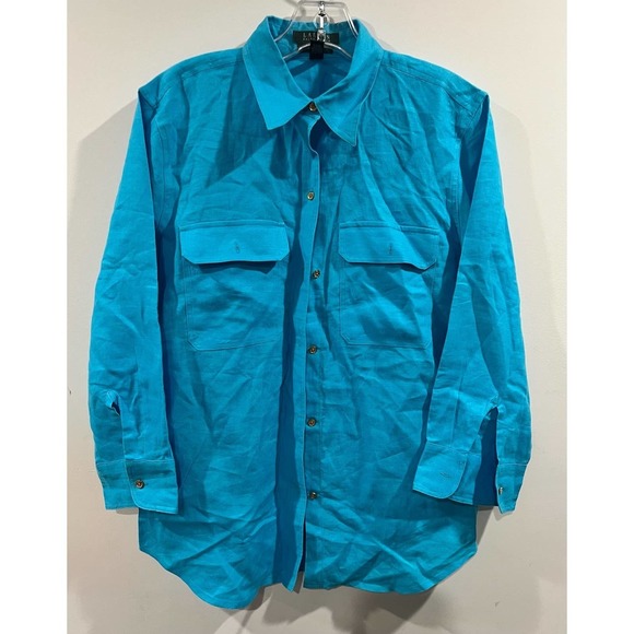 Lauren Ralph Lauren Linen Shirt Womens‎ Medium Peacock Blue Rolled Sleeves - Picture 1 of 7